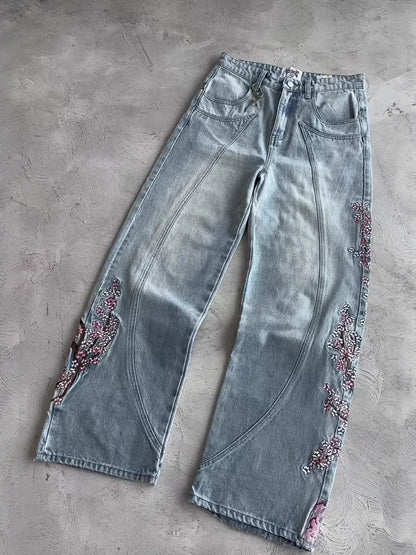 Floral Embroidery Wide-Leg Jeans