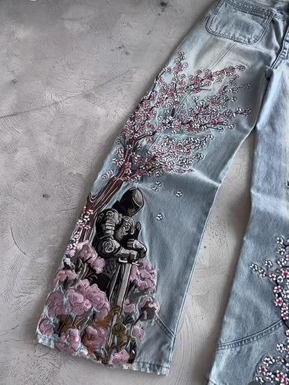 Floral Embroidery Wide-Leg Jeans