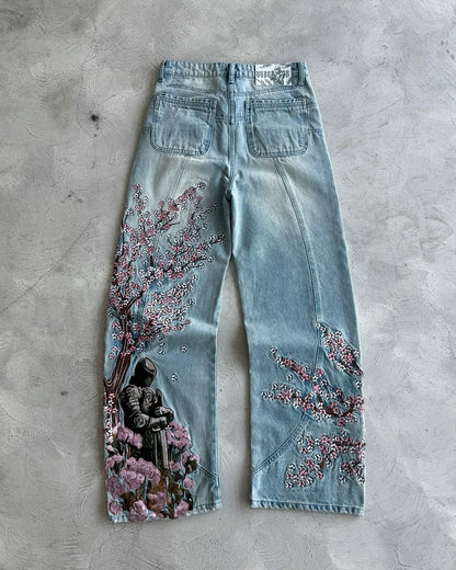 Floral Embroidery Wide-Leg Jeans