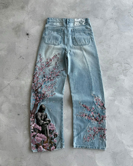 Floral Embroidery Wide-Leg Jeans