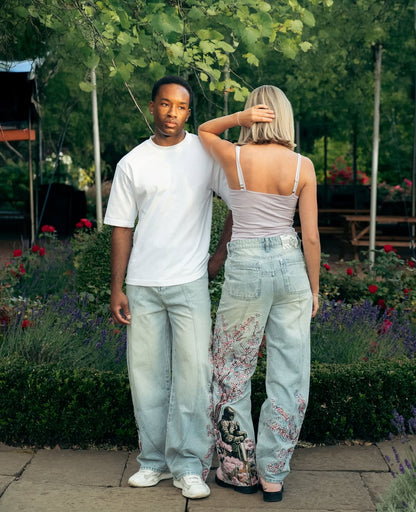 Floral Embroidery Wide-Leg Jeans