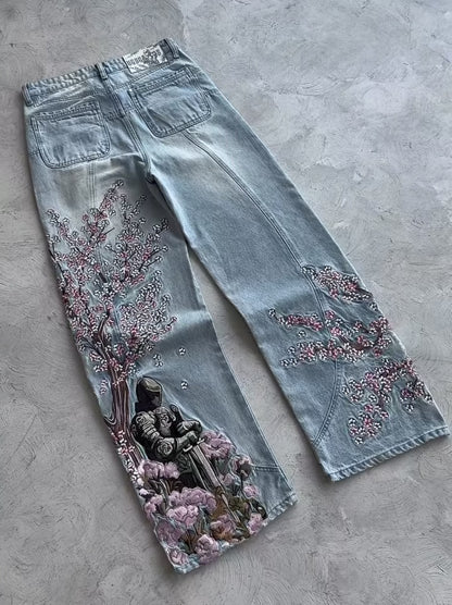Floral Embroidery Wide-Leg Jeans
