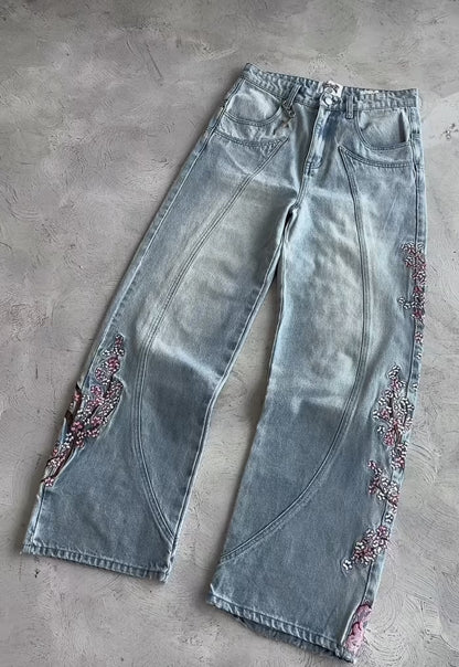 Floral Embroidery Wide-Leg Jeans