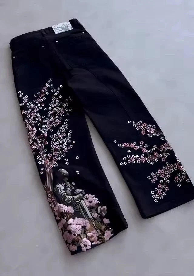 Floral Embroidery Wide-Leg Jeans