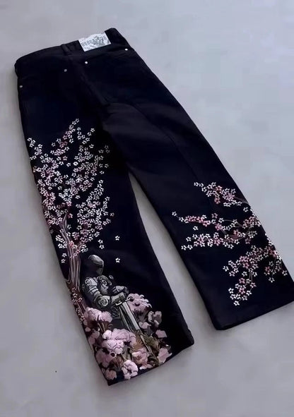 Floral Embroidery Wide-Leg Jeans